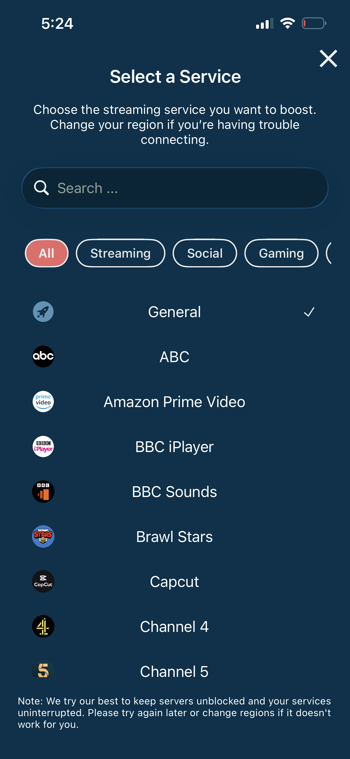 Swiss VPN service selector showing Paramount+